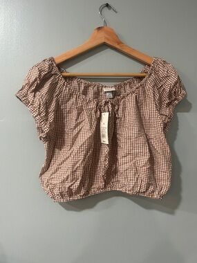 a new day Brown Gingham Puff Sleeve Crop Top